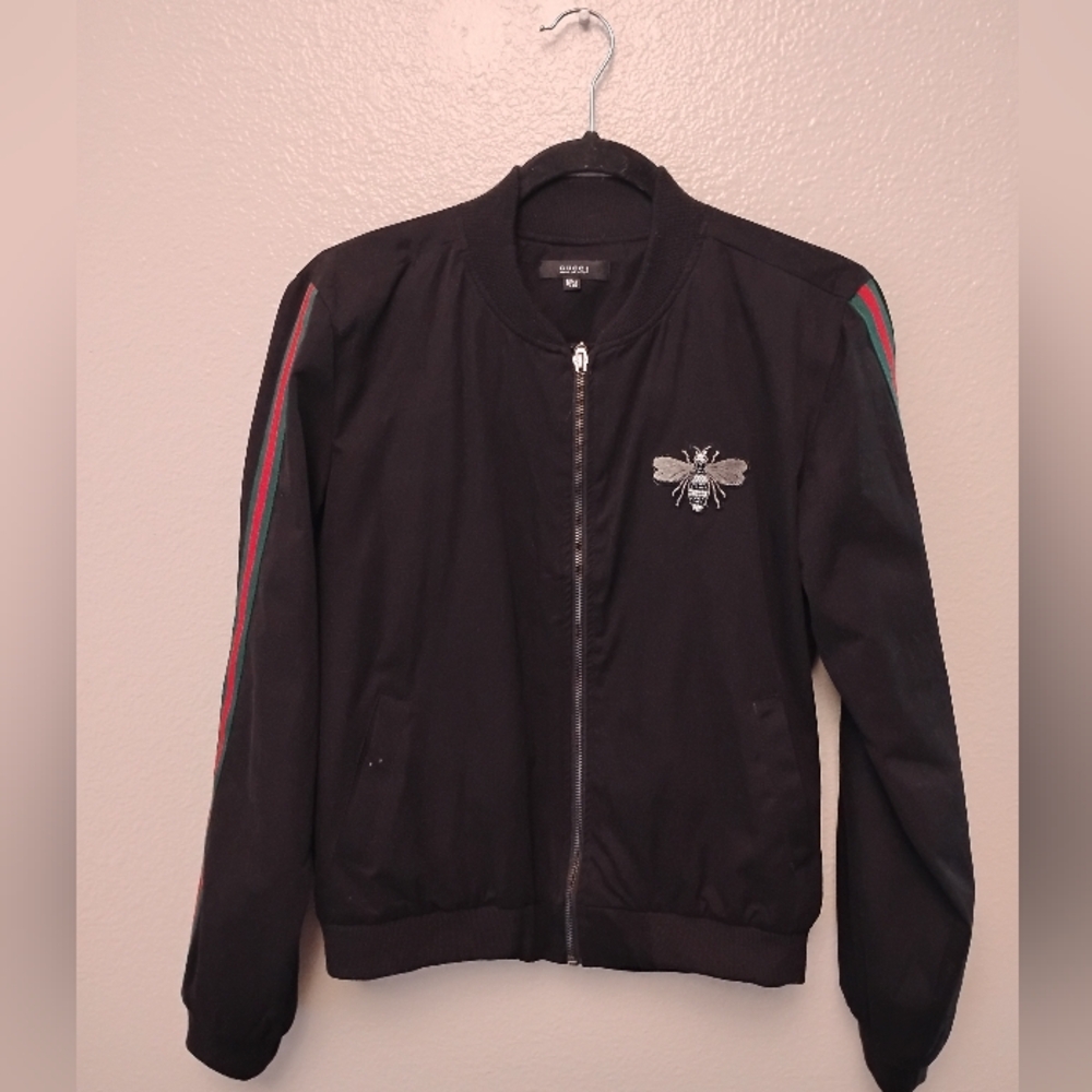 Gucci Black Bomber Jacket with Embroidered Bee and Striped Sleeves